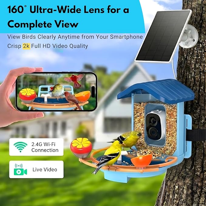 Bird Feeder with Camera, 2K HD Smart Outdoor Bird Feeder, Solar Powered 5200mAh Battery, AI Bird Identification (10,000+ Species), Motion Detection Alerts, Night Vision, Bathing Area, OKAM Pro App