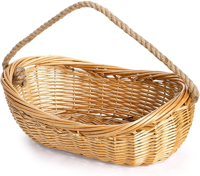 ZEAYEA Wicker Woven Basket with Jute Rope Handle, Large Garden Harvest Basket for Gathering Vegetables, Multi-functional Fruit Storage Basket for Picnic, Easter, Organizing