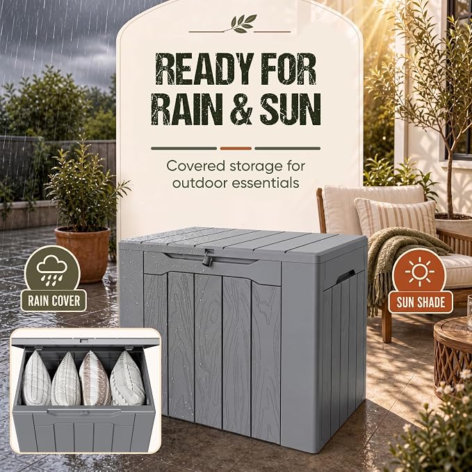 Flamaker Deck Box 30 Gallon, Waterproof Resin Small Storage Box with Lid, Outdoor Patio Furniture Cushion Garden Tool Organizer, Lockable Package Delivery Box for Porch Balcony (Gray)