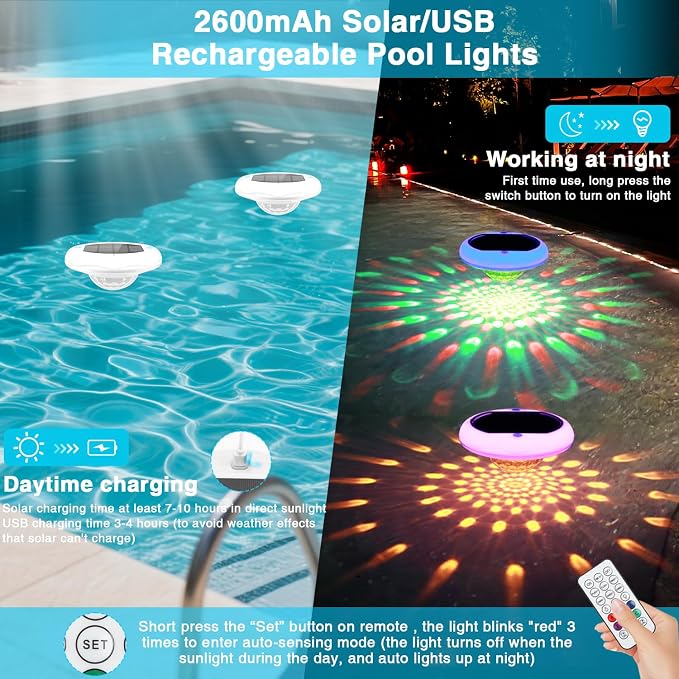 Solar Floating Pool Lights(4 PACK), 2600mAh USB Rechargeable Pool Lights That Float with Remote, 6.7’’ IP68 Waterproof Floating Light, 13 Colors Changing Upper and Lower Glow Hangable Light for Pools