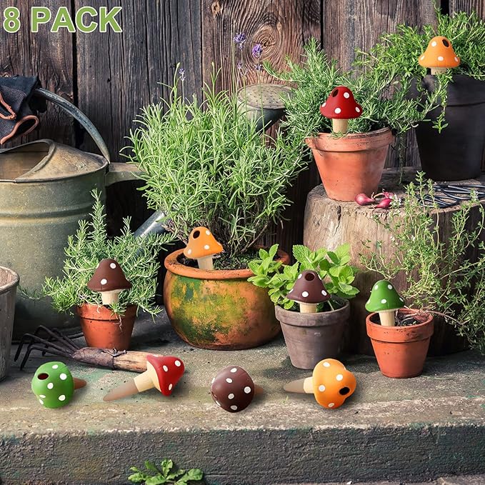 8 Pcs Plant Self Watering Spikes Mushroom Watering Globes Planter Insert Terracotta Plant Watering Devices Automatic Self Water Stakes Garden Waterer for Indoor Outdoor