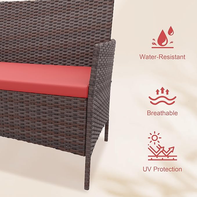 Patio Furniture Set 4 Pieces, Outdoor Patio Furniture Set with Rattan Wicker Chairs, Glass Table and Cushions for Porch, Balcony, Backyard, Garden, Poolside, Brown & Red