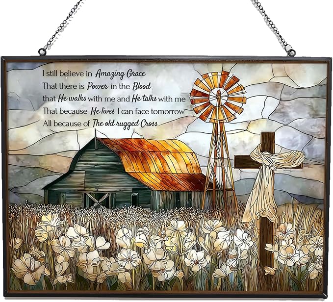 Rectangle Vintage Christian Grace Barn Cross Stained Glass Suncatcher Stained Glass Window Hangings Birthday Gift for Mom Grandma Teacher Women Friend Memorial Hook
