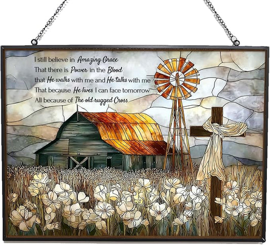 Rectangle Vintage Christian Grace Barn Cross Stained Glass Suncatcher Stained Glass Window Hangings Birthday Gift for Mom Grandma Teacher Women Friend Memorial Hook