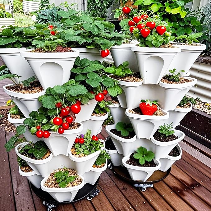 7 Tiered Strawberry Planters 2 Pack, Vertical Stackable Planter, Herb Stacking Tower Garden, Flower and Vegetable Planters with Support Pole Indoor & Outdoor with Removable Wheels Dark Grey