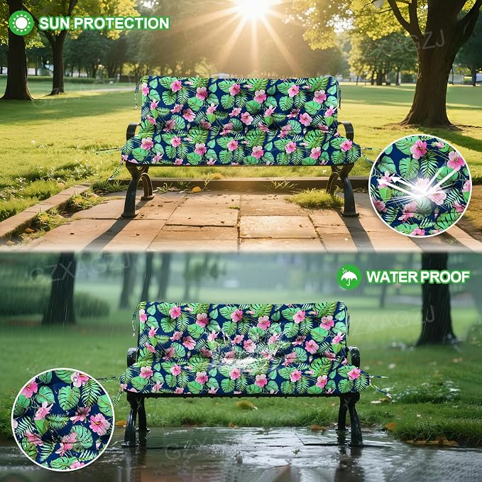 Porch Swing Cushions Outdoor 60 inch Waterproof Thicken 5" Swing Cushions Replacement with Backrest and Ties for Outdoor Furniture Porch Patio Garden Lawn (Rainforest Pattern)