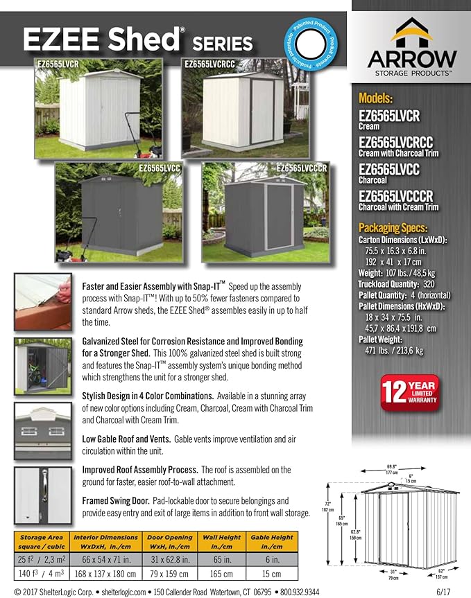 ARROW 6' x 5' EZEE Galvanized Steel Low Gable Shed Cream with Charcoal, Storage Shed with Peak Style Roof