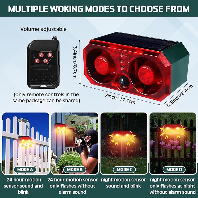 Qualirey 4 Pcs Solar Outdoor Motion Sensor Alarm with Stake Animal Deterrent Dog Barking Sensor 13 Sound 130dB Loud Noise Maker 4 Mode with USB Remote Control Support Recording Volume Adjustment