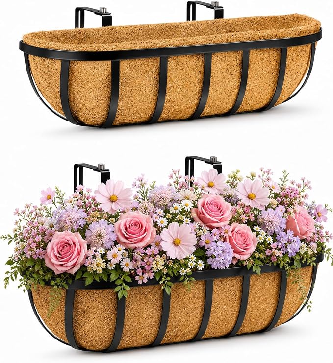 Y&M 24 Inch Railing Planter Boxes 2Pack, 2-in-1 Window Box and Deck Railing Planters with Coco Liners, Heavy Duty Metal Flower Troughs with Adjustable Brackets for Balcony, Patio and Garden