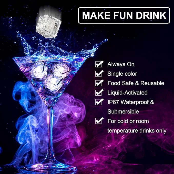 Light Up Ice Cubes for Drinks,96 PCS White LED Ice Cubes Liquid Activated, Glow in The Dark Waterproof Ice Cubes for Home Bar Supplies Summer Party Wedding Decor