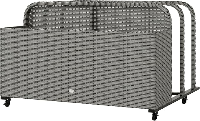 Outsunny Wicker Patio Pool Float Storage Basket, PE Rattan Outdoor Pool Caddy with Rolling Wheels for Floaties, Noodles, Life Vests, Beach Balls, Patio Furniture, Mixed Gray