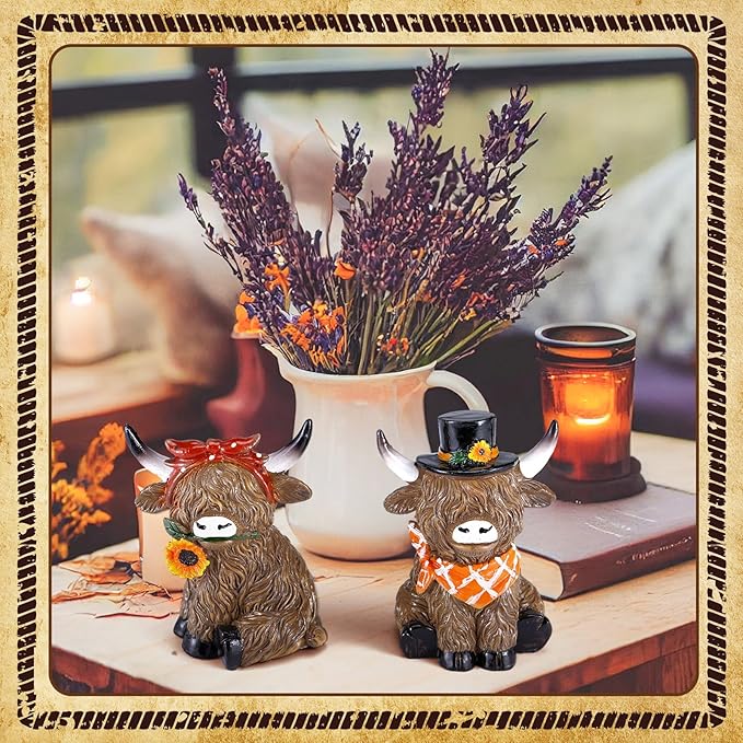 Simgoing 2 Pack Highland Cow Figurines Sunflower Highland Cow Gnomes Statues Decoration for Home Farmhouse Tabletop Centerpieces Calf Lovers Gifts for Garden Tiered Tray Home Decor