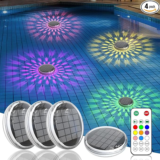 Kitloo Solar Rechargeable Floating Pool Lights(4 Pack), Pool Lights that Float with Remote Control, 9 Lighting, Timing Mode, IPX7 Waterproof for Inground Pool, Bathroom, Bathtub, Pool Party
