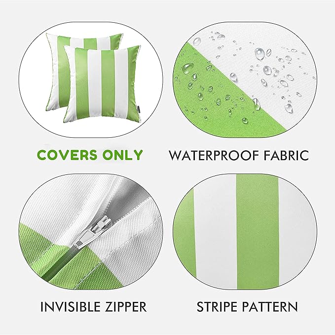 Western Home Pack of 2 Decorative Outdoor Solid Waterproof Striped Throw Pillow Covers Polyester Linen Garden Farmhouse Cushion Cases for Patio Tent Balcony Couch Sofa 20x20 inch Green