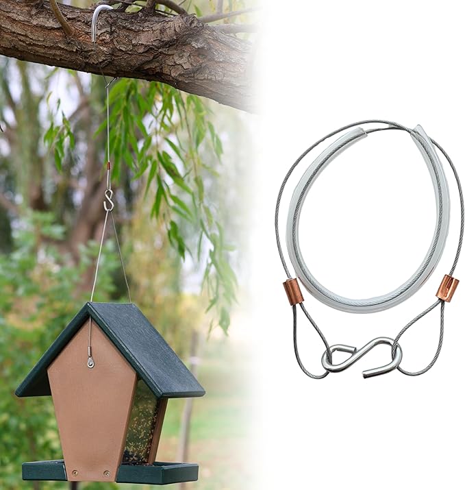 Songbird Essentials Hanging Cable Tree Limb Protector with S Hook - Steel Cable with Silicone Sleeve - Protects Tree Limbs from Heavy Bird Feeders and Decorations - 18 Inch Cable
