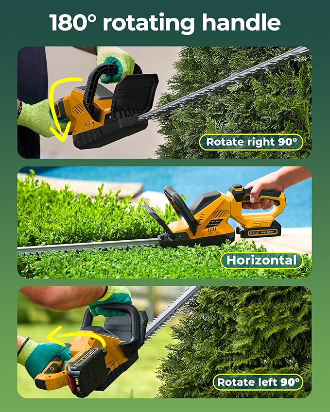 20'' Hedge Trimmer Cordless with Battery, 3000RPM Electric Handheld Bush Clipper with 2pcs 2000mAh Rechargeable Batteries, 180° Rotatable Head, 2/3'' Blade Gap Yellow,Gifts for Mother’s Day