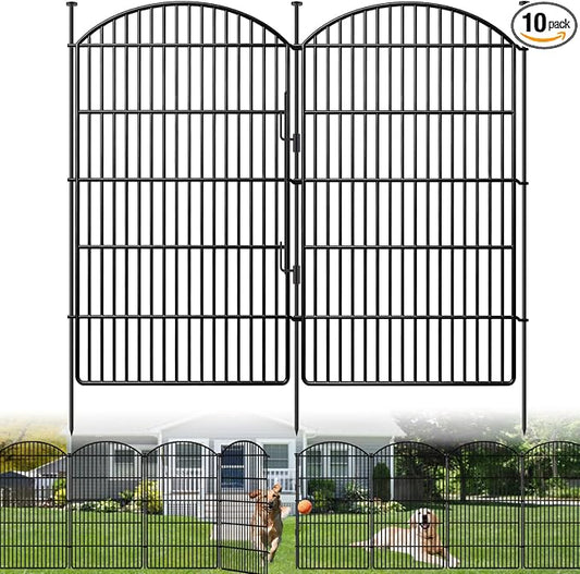 10 Panels Decorative Garden Fence with Lock, 48in (H) x 24ft (L) No Dig Dog Animal Barrier for Outdoor Yard, Rustproof Ground Stakes Metal Fencing for Yard, Patio, Flower Bed