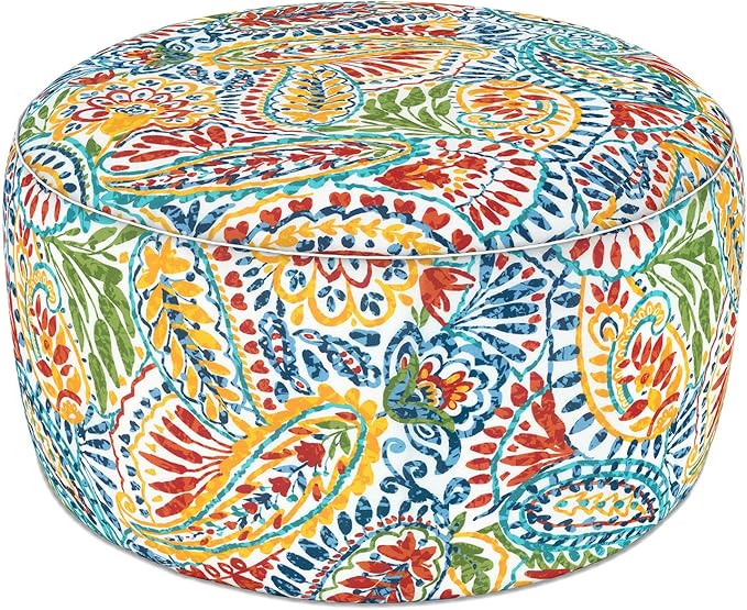 LVTXIII Indoor/Outdoor Large Inflatable Ottoman Pouf D31 x H14 Inch, Round Footstool with Handle, Weather-Resistant Portable Furniture for Patio, Camping, Beach, Paisley Multi