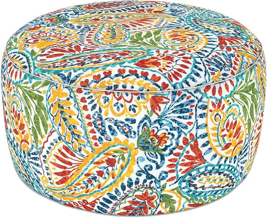 LVTXIII Indoor/Outdoor Large Inflatable Ottoman Pouf D31 x H14 Inch, Round Footstool with Handle, Weather-Resistant Portable Furniture for Patio, Camping, Beach, Paisley Multi