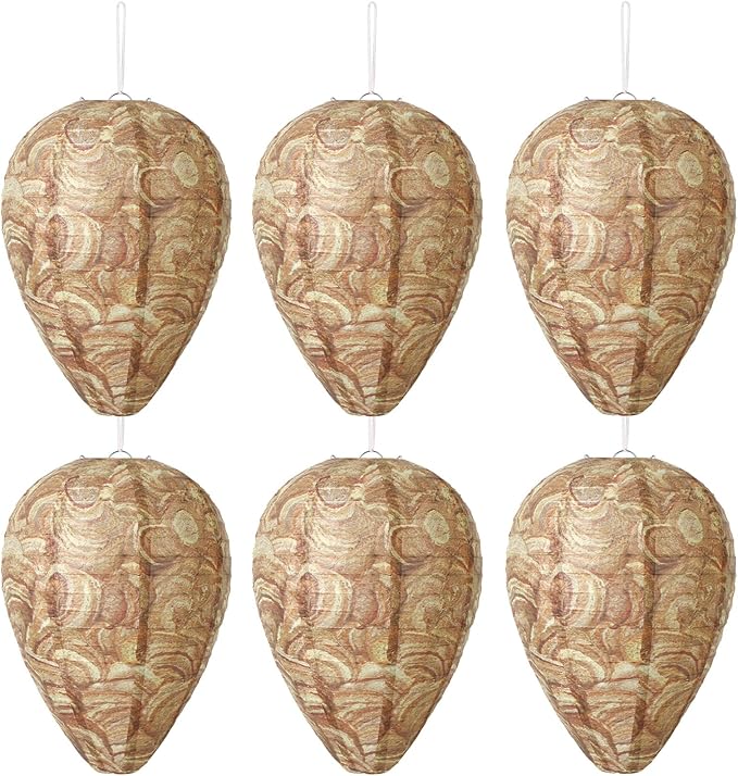 DECYOOL 6 Pack Paper Wasp Nest Decoy Hanging Wasp Nest Stay Away from Wasps Hornets Yellow Jackets(Brown)