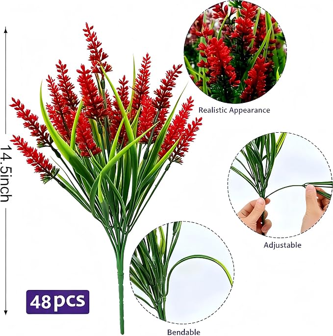 Geegoods Artificial Plants Flowers Outdoor – 48 Bundles UV Resistant Faux Lavender Flowers with Monkey Grass for Garden Porch Window Patio Hanging Planter Decor
