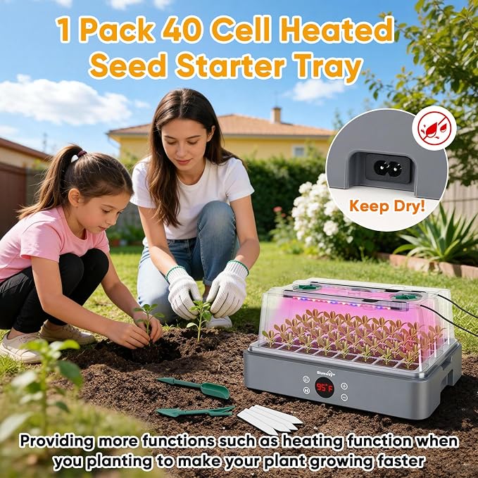 BlumWay Upgraded 40-Cell Seed Starter Tray with Grow Light, 4.3" Higher Lid Seed Starter Kit, Adjustable Seedling Heating Pot, Germination Trays with Humidity Dome, Indoor Plant Starter Kit