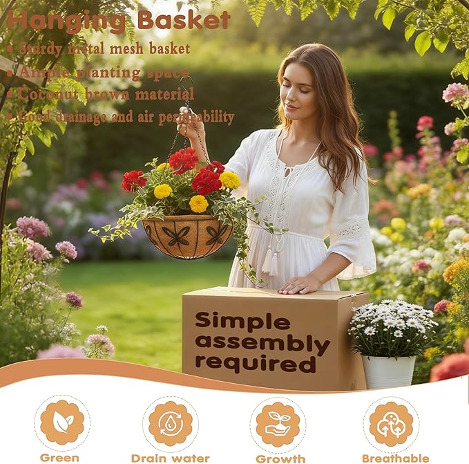 14 inch Metal Hanging Baskets For Plants Outdoor 4 Pack Round Metal Wire Hanging Basket Planter with Coco Fiber Liners Chain Round Wire Plant Holder for Garden, Patio, Deck, Porch Plants Flower Potss