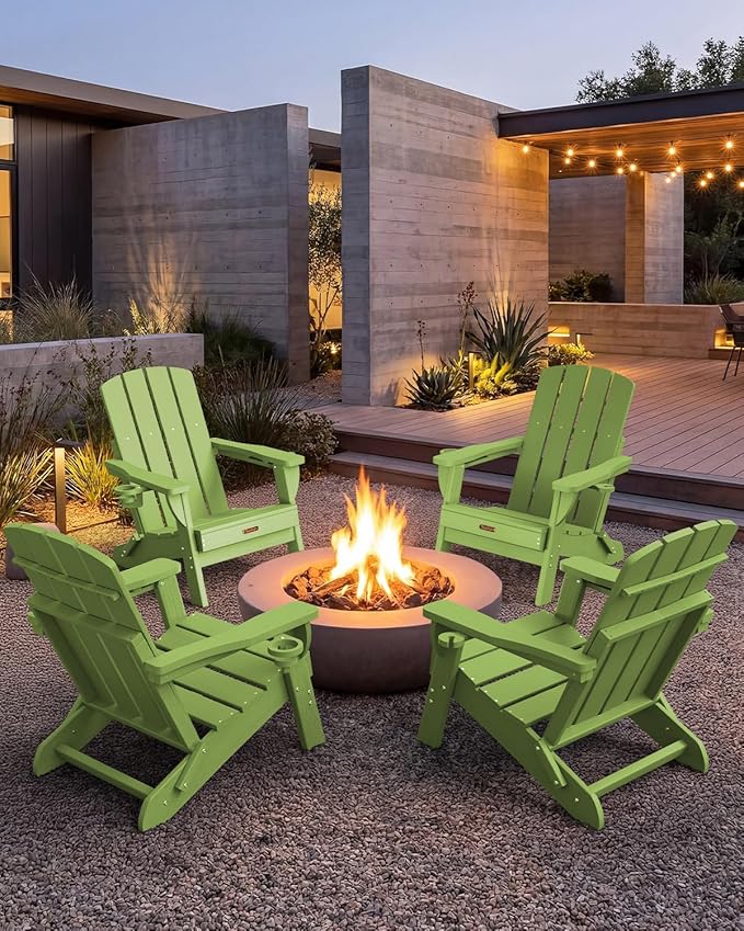 Folding Adirondack Chair, HDPE All-Weather Fire Pit Chairs, Plastic Adirondack Chairs with 2 Cup Holder, Outdoor Lawn Chair for Patio Garden (Light Green)