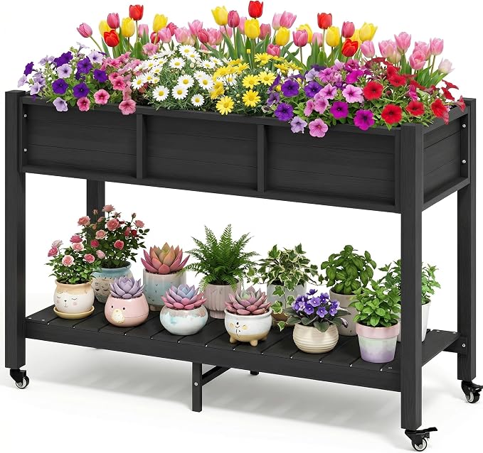 DWVO Raised Garden Bed HDPE with Wheels & Legs, 47x18x31in Weather-Resistant Poly-Wood Elevated Planter Box Outdoor, Double Tier Planters for Patio Balcony Backyard, Black