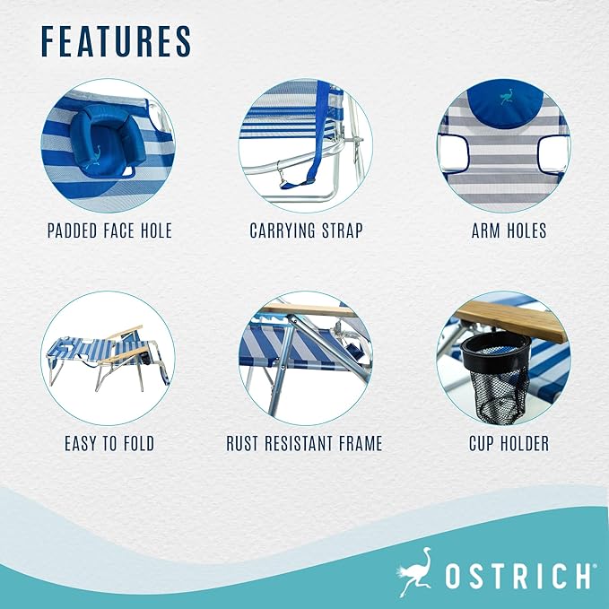 Ostrich the Original 3N1 Lightweight Beach Reclining Lounge Chair with Footrest, Outdoor Furniture for Patio, Balcony, Backyard, or Porch, Blue Stripe