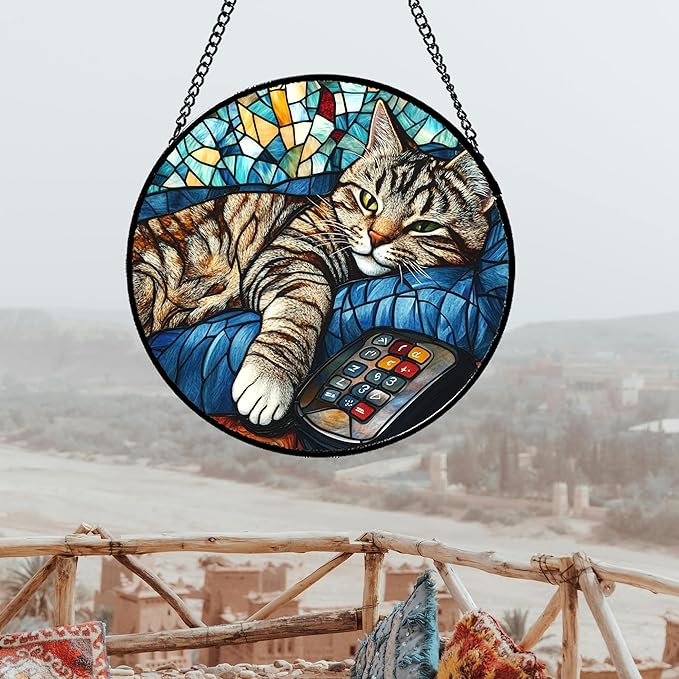 DASTOLL Stained Glass Window Hanging Gray Cat and Remote Control 7.8" - Suncatcher Door Garden Kitchen Sun Catcher Home Decor Birthday for Lost Pets Mom Men Woman Friend Grandma
