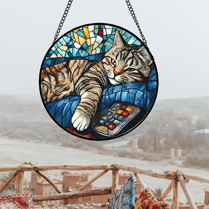 DASTOLL Stained Glass Window Hanging Gray Cat and Remote Control 6.3" - Suncatcher Door Garden Kitchen Sun Catcher Home Decor Birthday for Lost Pets Mom Men Woman Friend Grandma