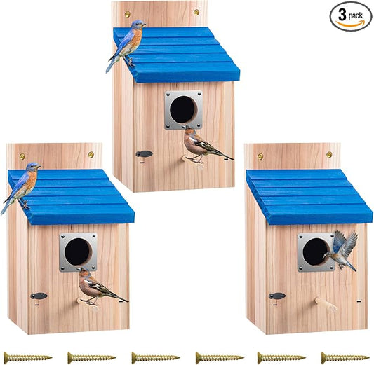 Dreyoo 3 Pack Bluebird Houses for Outside, 1-1/2'' Entrance Hole Wooden Bluebird Houses for Outdoors with Metal Guard, Secure Latch, Fledgling Grooves, Air Vents (Blue Roof with Wood Body)