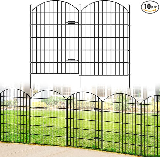 FOREHOGAR Metal Garden Fence with Gate 42in (H) x 23.3ft (L), 1 Gate+ 9 Panels Dog Fence Border Fence Animal Barrier, No Dig Garden Fencing for Yard Flower Bed Lawn Patio Outdoor, ECG4210, Black