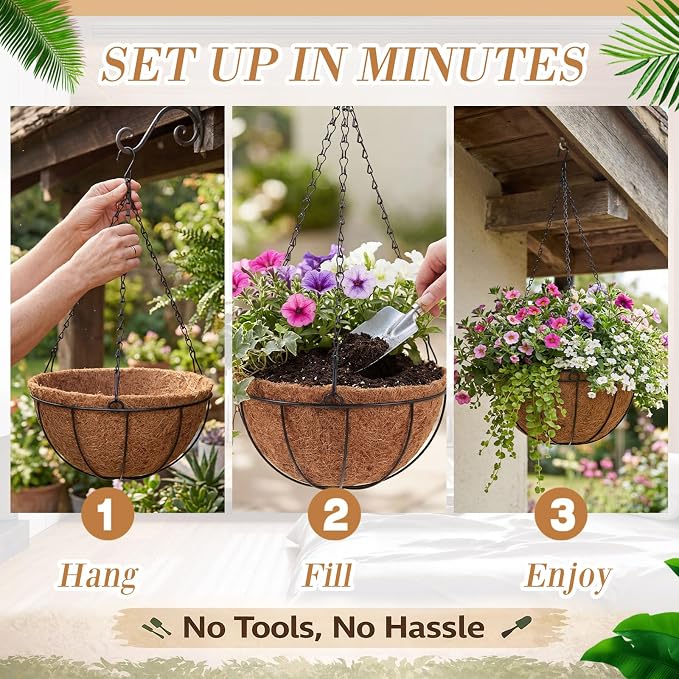 Dandat 16 Pack 10 Inch Metal Hanging Planter Basket with Coconut Coir Liner Metal Wire Plant Holder Chain Watering Outdoor Hanging Pots Flower Pot Hanger for Porch Indoor Outdoor Garden Decorations