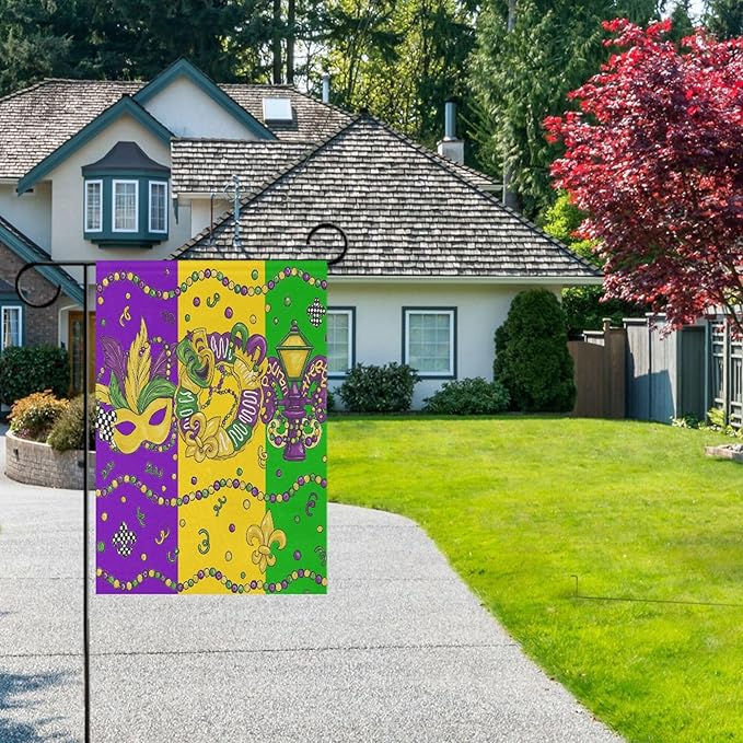 Happy Mardi Gras House Flag 28x40 Inch Double Sided Outside Fleur de Lis Masquerade Mask Carnival Seasonal Yard Outdoor Flag Banner for Garden Lawn Patio Holiday Decorations
