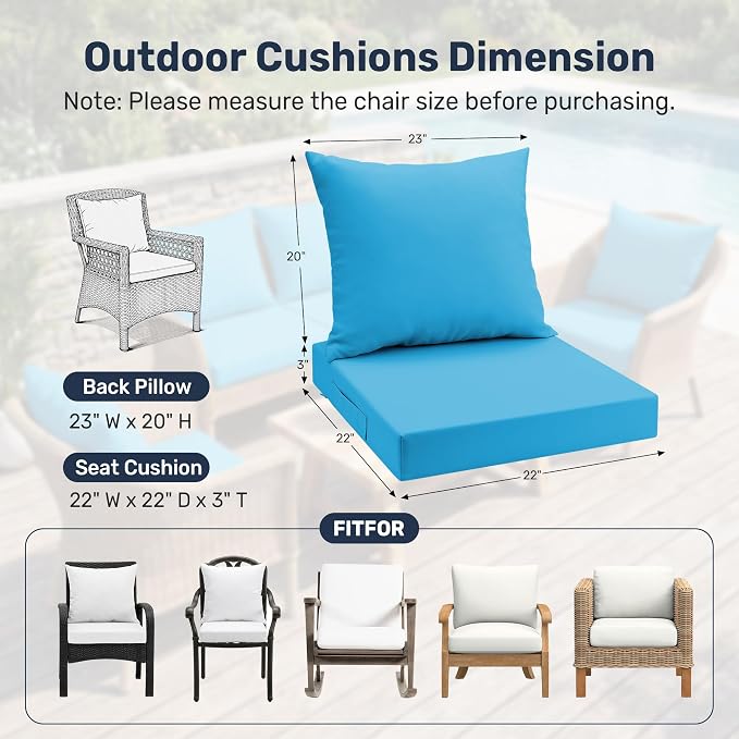 UNIKOME Outdoor Seat Cushions 22 X 22 Inch - Water-Resistant & Fade Resistant, Removable Cover Patio Furniture Cushions for Chair, Sofa, Couch, Wicker, Light Blue