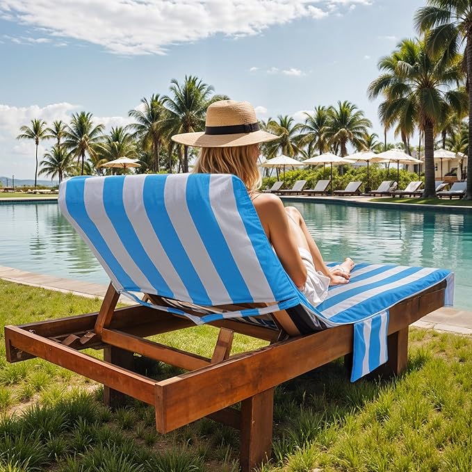 Lounge Chair Towel Covers, 2 Pack Outdoor Chaise Lounge Slipcover, 83" X 29" Stripe Microfiber Beach Chair Cover, Soft Absorbent Chaise Cover with Pockets for Pool Garden Patio, Sky Blue