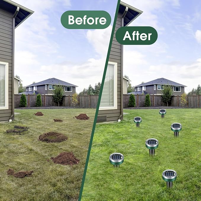 Mole Repellent for Lawns - Ultrasonic Gopher Repellent Solar Powered for Garden,Yard - Waterproof Sonic Mole Spike for Snake,Chipmunk,Outdoor Pest Control Vole Deterrent