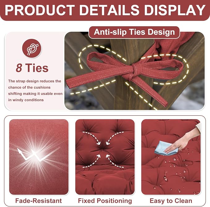 Porch Swing Cushions 40 inch Waterproof & Fade Resistant Thicken 5" Outdoor Swing Cushions 2 Seater Replacement with Backrest & Ties Patio Swing Cushions for Outdoor Furniture (Wine Red)