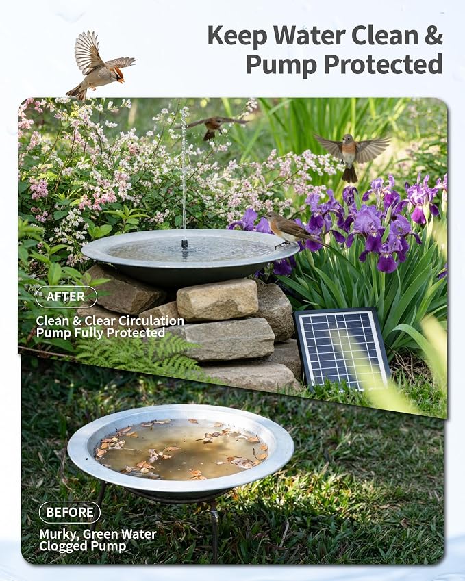 POPOSOAP Solar Pond Filter with Fountain Pump, 4W Solar Fountain Pump with Pond Filter Kit, Solar Water Pump with Nozzles & PVC Tubing for Bird Bath, Water Garden, Fish Tank & Backyard Decor P3035