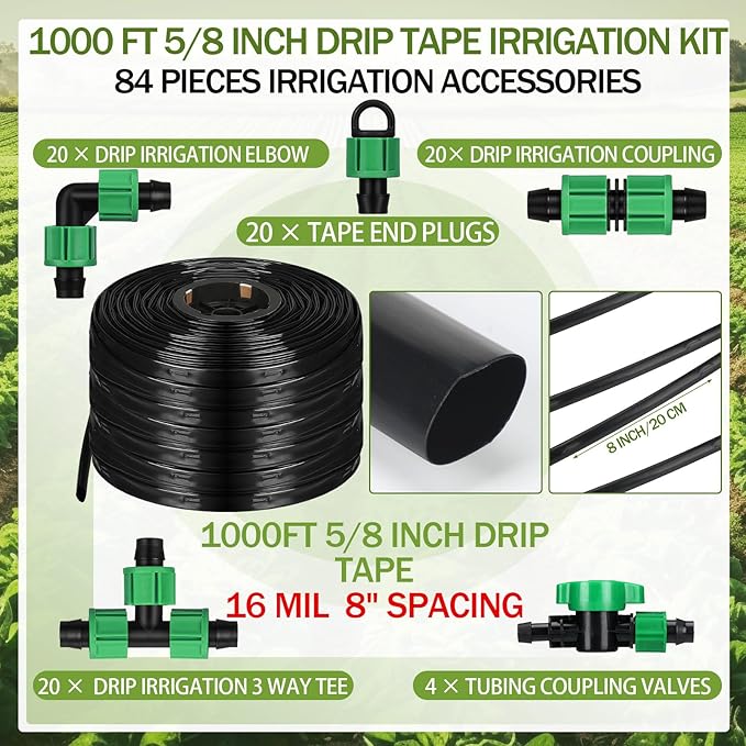 1000 ft 5/8 Inch Drip Tape Irrigation Kit Drip Tape 16 Mil 8" Spacing Hose Garden Watering Tubing System Automatic Irrigation Equipment for Plant, Landscape, Yard, Lawn and Farm