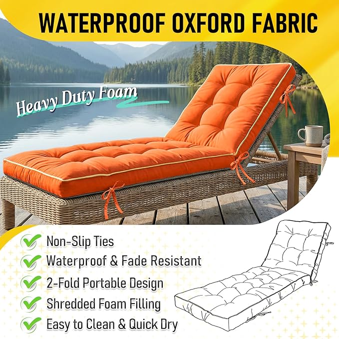 80x26 Inch Folding Chaise Lounge Cushion Quick Dry - Outdoor Sun Lounger Seat Pad with Shredded Foam for Patio Furniture, Deck Chairs, Poolside (Sunset Tangerine, 80 INCH × 26 INCH)