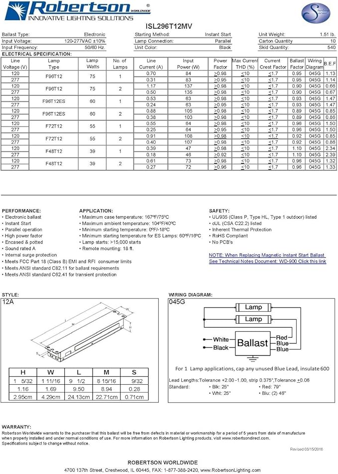 Robertson ISL296T12MV Ballast (3P20158) – 1 or 2 Lamp F96T12 (96W) Fluorescent Electronic Ballast, 120–277V Universal Voltage, Instant Start, Parallel Operation, T12 Ballast for 8ft Lamps (Qty 1 ea.)