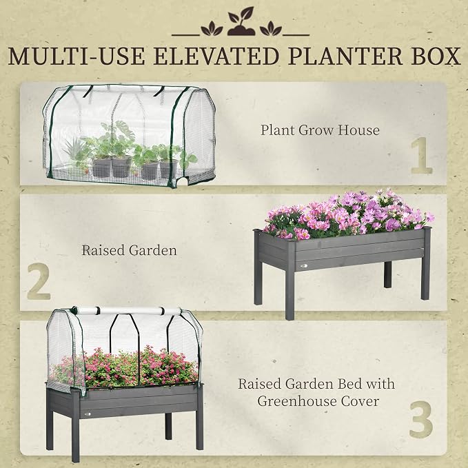 Outsunny Raised Garden Bed with PE Greenhouse Cover Outdoor Elevated Wood Planter Box for Herbs and Vegetables, Use for Patio, Backyard, Balcony, 48 x 22 x 46 inch, Dark Gray