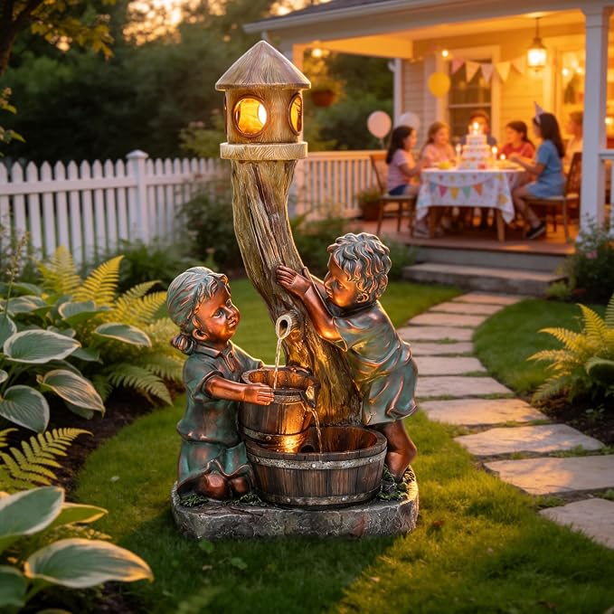 AUTODAYA 31" Boy & Girl Outdoor Water Fountain with LED Lights, Pagoda and Wood Barrel Garden Fountain, 3-Tier Cascading Waterfall for Tranquil Backyard, Patio or Porch, Faux Bronze Finish
