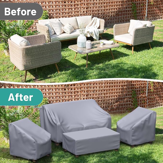 Mrrihand Patio Furniture Covers - 4 Piece Outdoor Furniture Set with Waterproof Sofa, Chair, Coffee Table Covers - Windproof Buckle Strap and Adjustable Drawstring - Grey