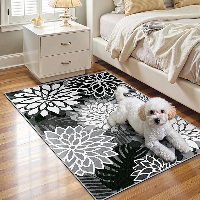 Arenarug 2x3 Washable Small Rug Tropical Botanical Modern Floral Indoor Chenille Door Mat Carpet Non Slip for Patio, Entry Way, Entrance, Porch, Black
