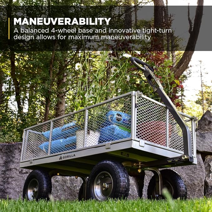 Gorilla Carts Steel Utility Garden Cart, 1,000-Pound Capacity, Gray - Heavy-Duty Outdoor Wagon with Removable Sides, 13-Inch Pneumatic Tires, and Convertible Pull or Tow Handle