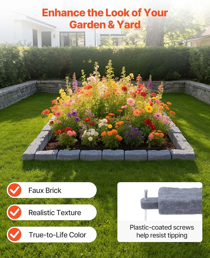 VEVOR Faux Stone Landscape Edging, 15.5 ft Kit, No Dig Garden Edging Border, Blocks for Lawn, Flower Beds, Yard, 4 Pack Each Section Has 6 Bricks 46.46"L x 3.74"W x 2.24"H, 16 Spikes & 4 Corners, Gray
